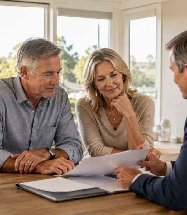 Older homeowners discussing reverse mortgage options with a mortgage professional in a comfortable home