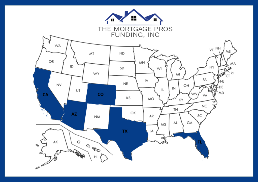 United States map highlighting Arizona, California, Colorado, Florida, and Texas as approved states
